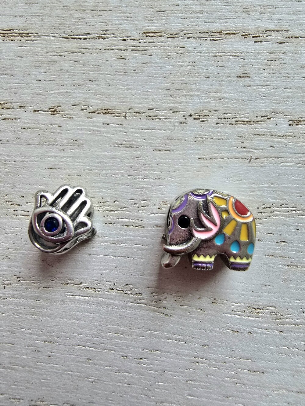 Silver-Tone Enamel Elephant and Hamsa Bead Set - Multicolor Accents